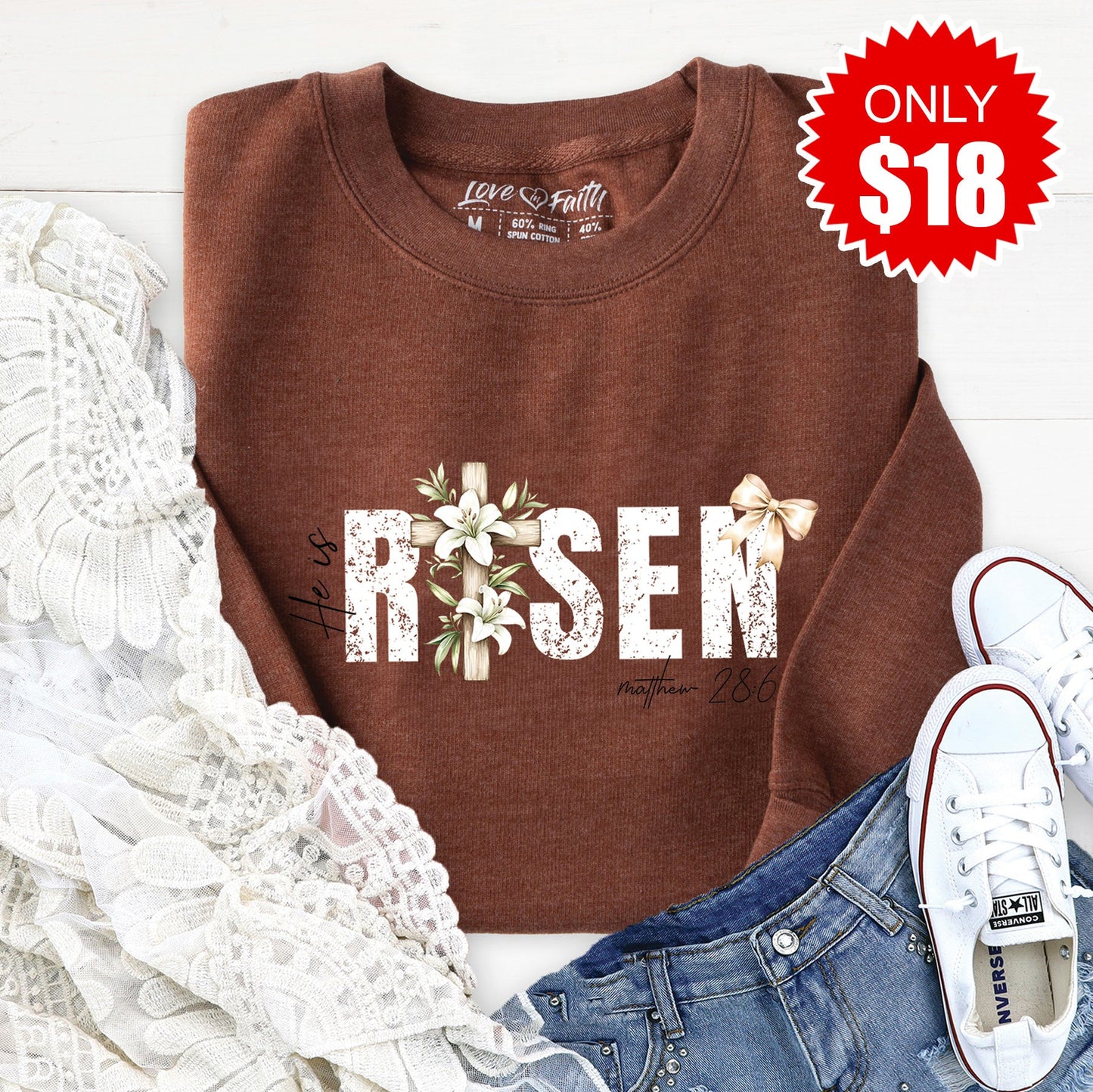 He Is Risen Sweatshirt - Heather Brown - 18