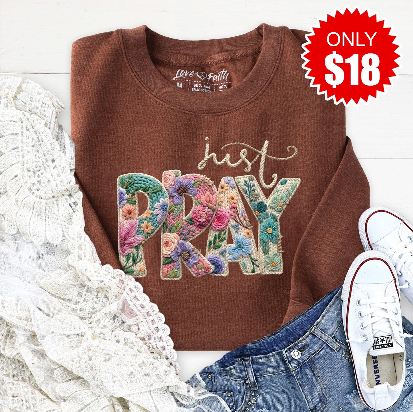 Just Pray Crochet Sweatshirt - Heather Brown - 18