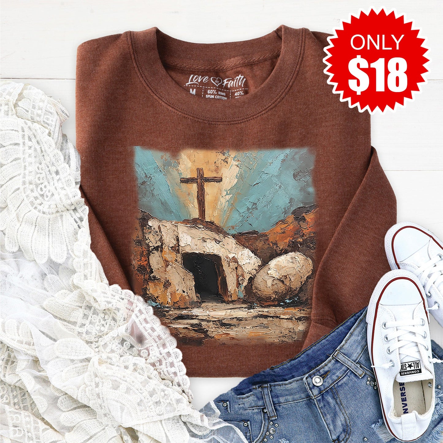 He Is Risen Sweatshirt - Heather Brown - 18