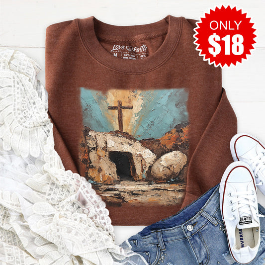 He Is Risen Sweatshirt - Heather Brown - 18