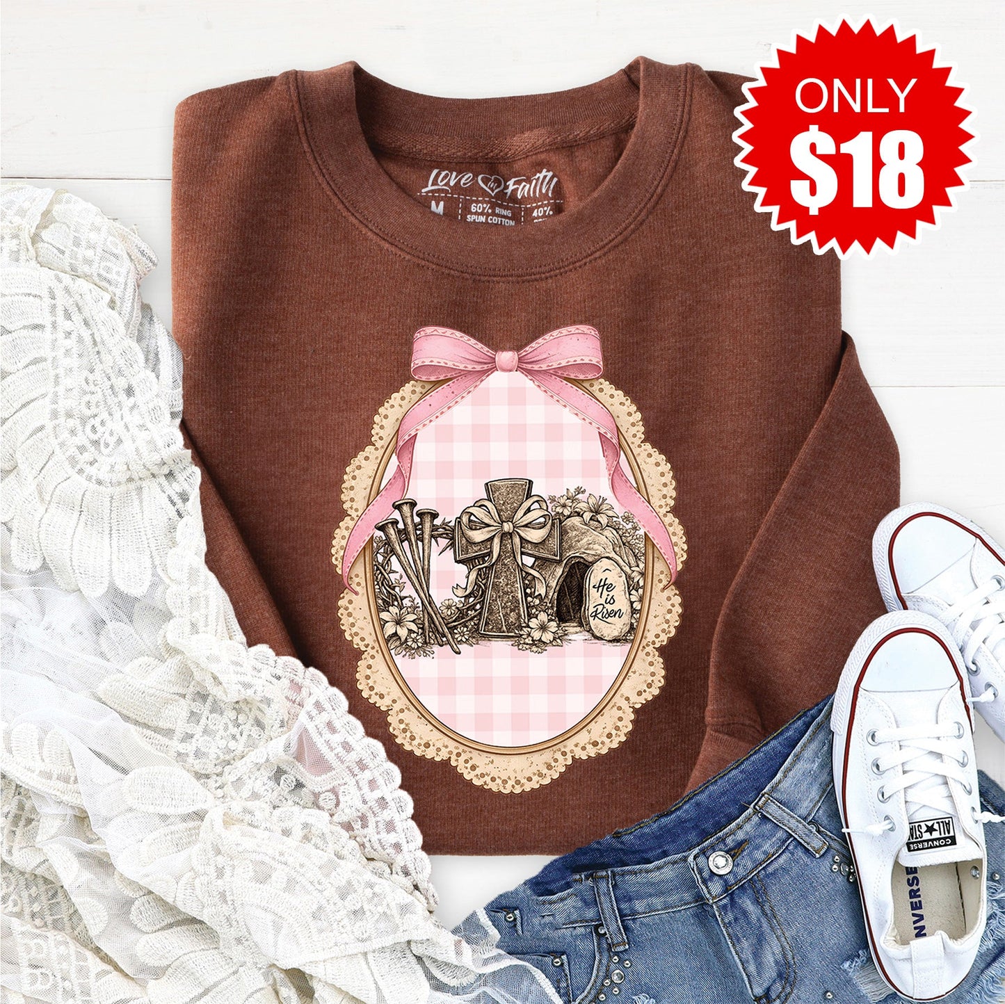 He Is Risen Sweatshirt - Heather Brown - 18