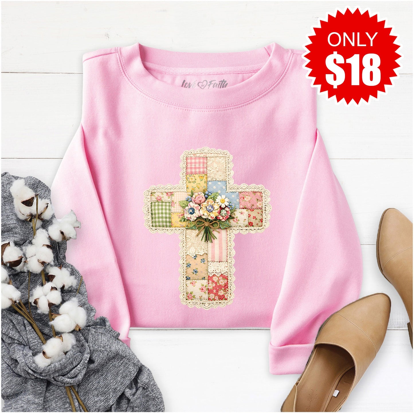 Cross Patchwork Sweatshirt - Heather Bubble Gum - 18
