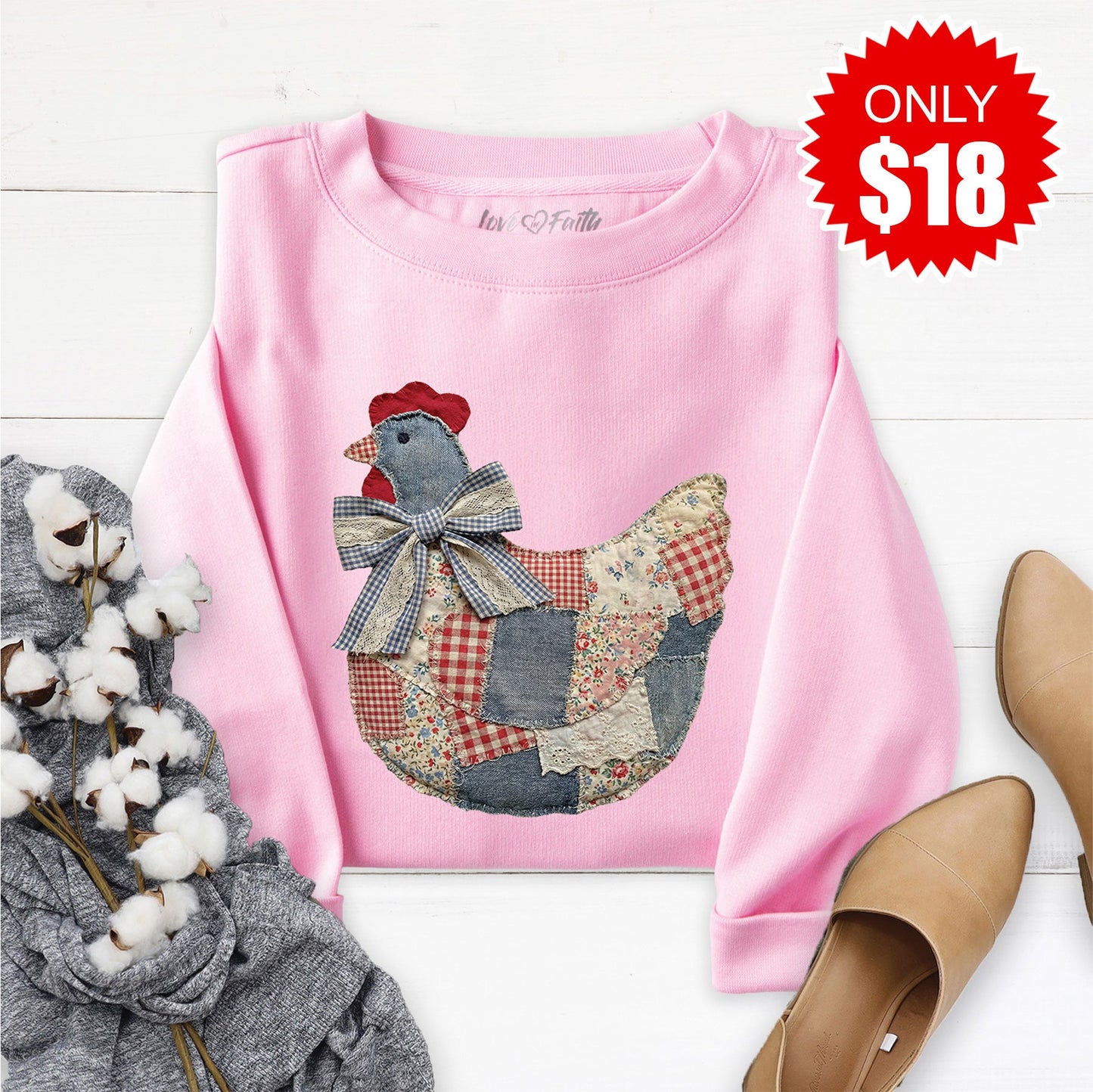 Hen Patchwork Sweatshirt - Heather Bubble Gum - 18