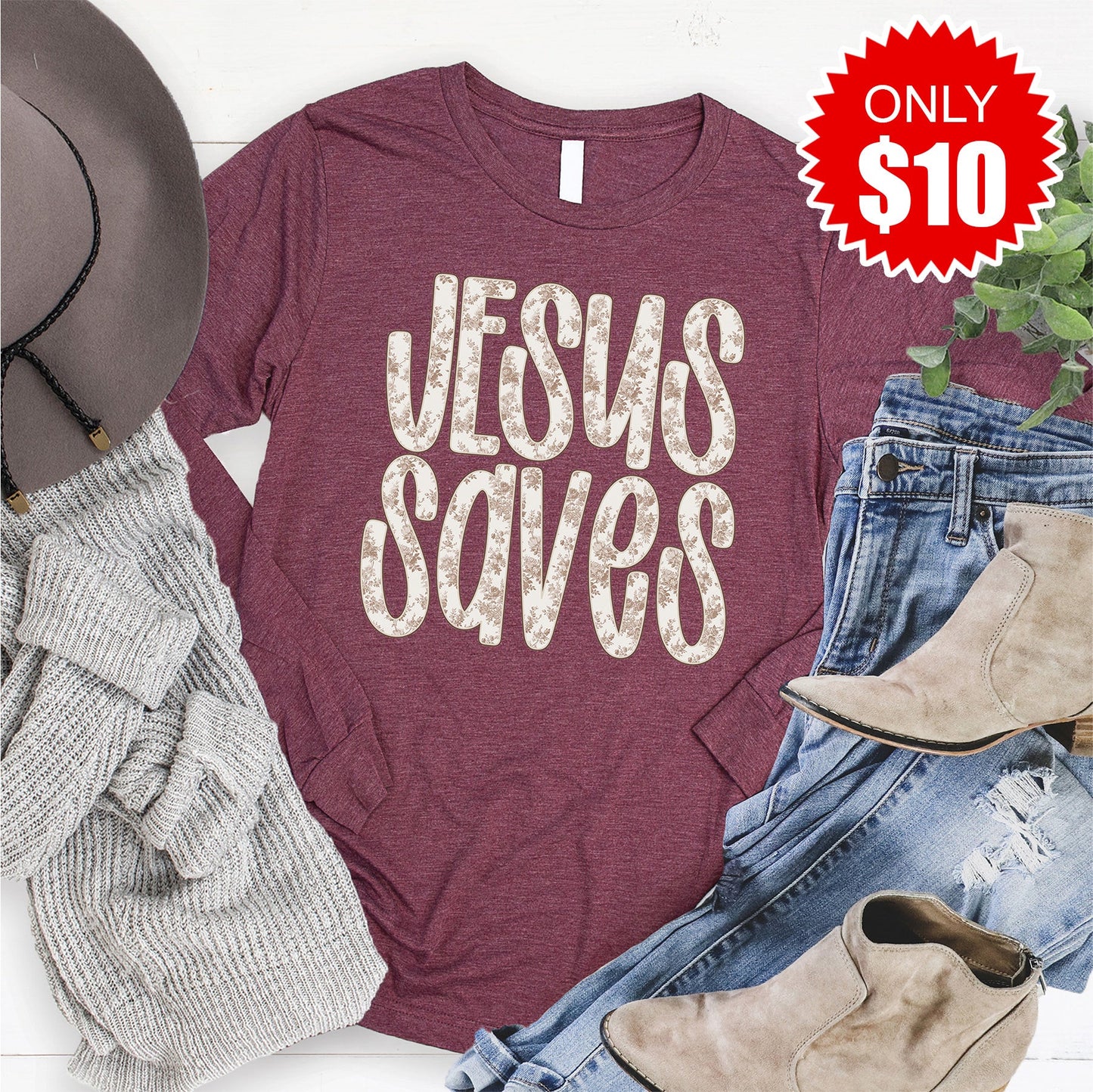 Jesus Saves Long Sleeve - Heather Burgundy - 10
