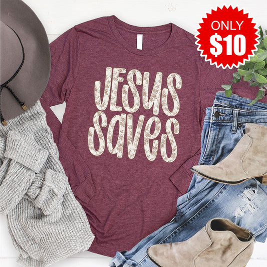 Jesus Saves Long Sleeve - Heather Burgundy - 10