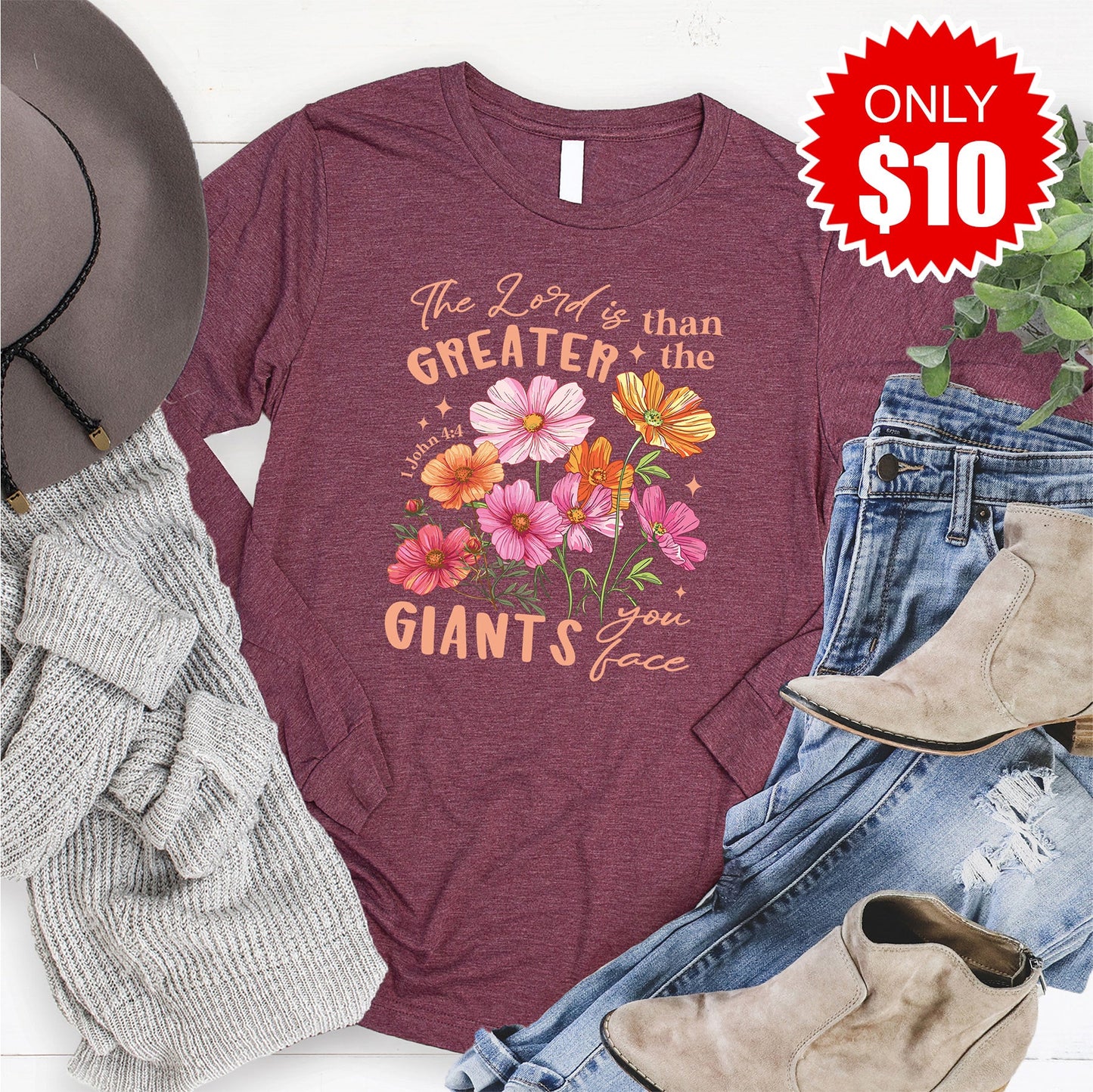 Greater Than The Giants Long Sleeve - Heather Burgundy - 10