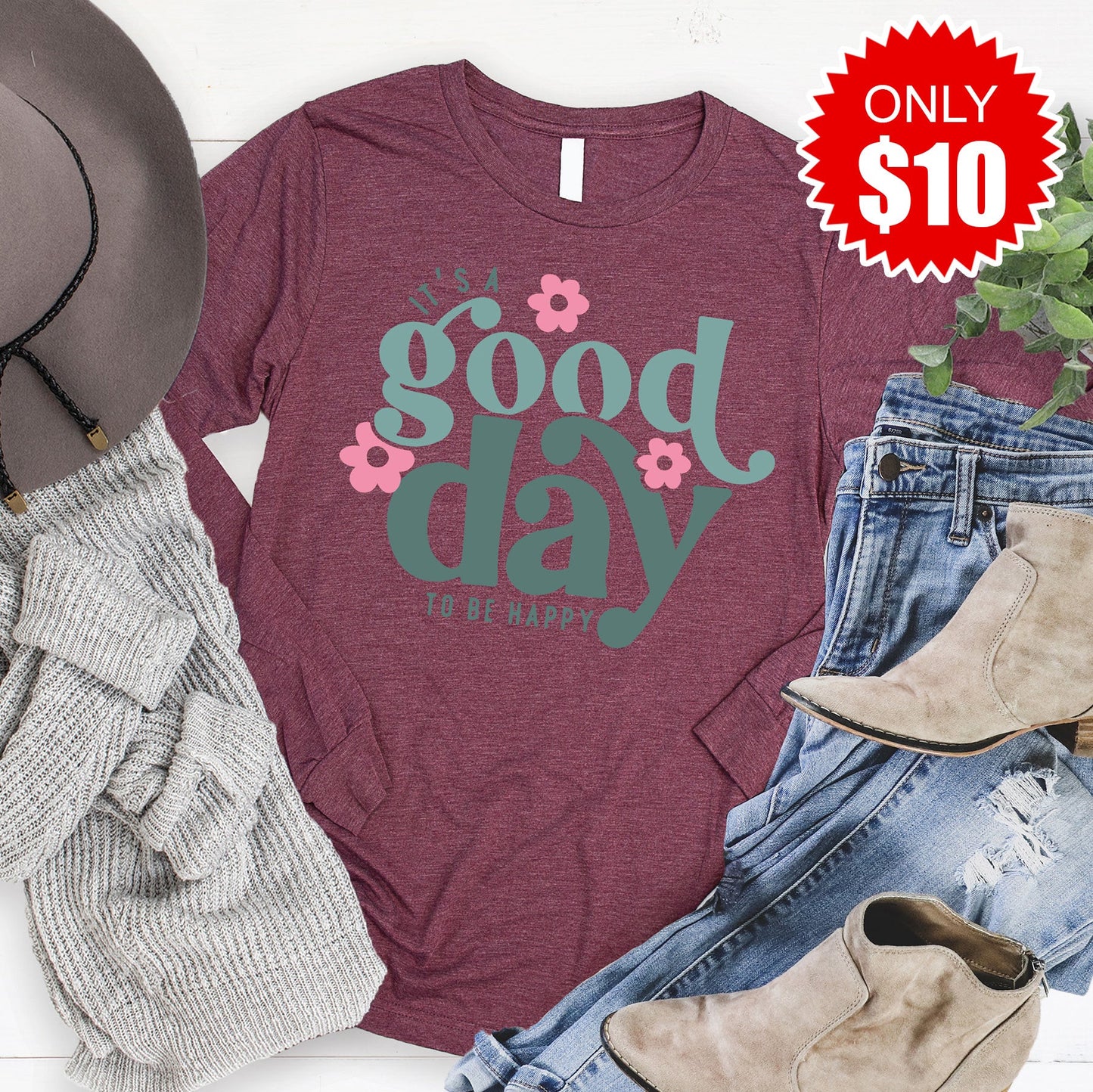 Good Day To Be Happy Long Sleeve - Heather Burgundy - 10