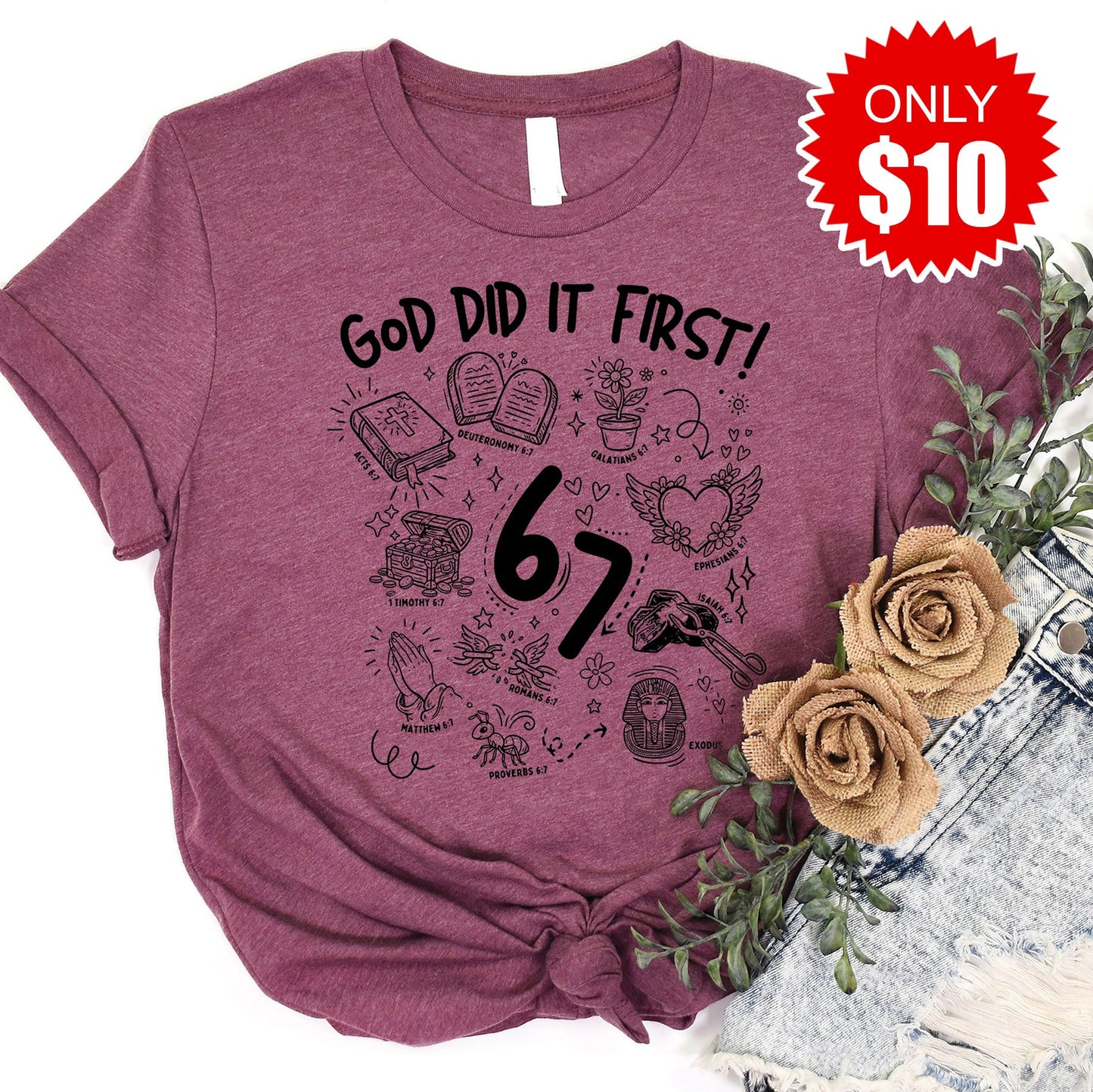 God Did It First Black Tee - Heather Burgundy - 10
