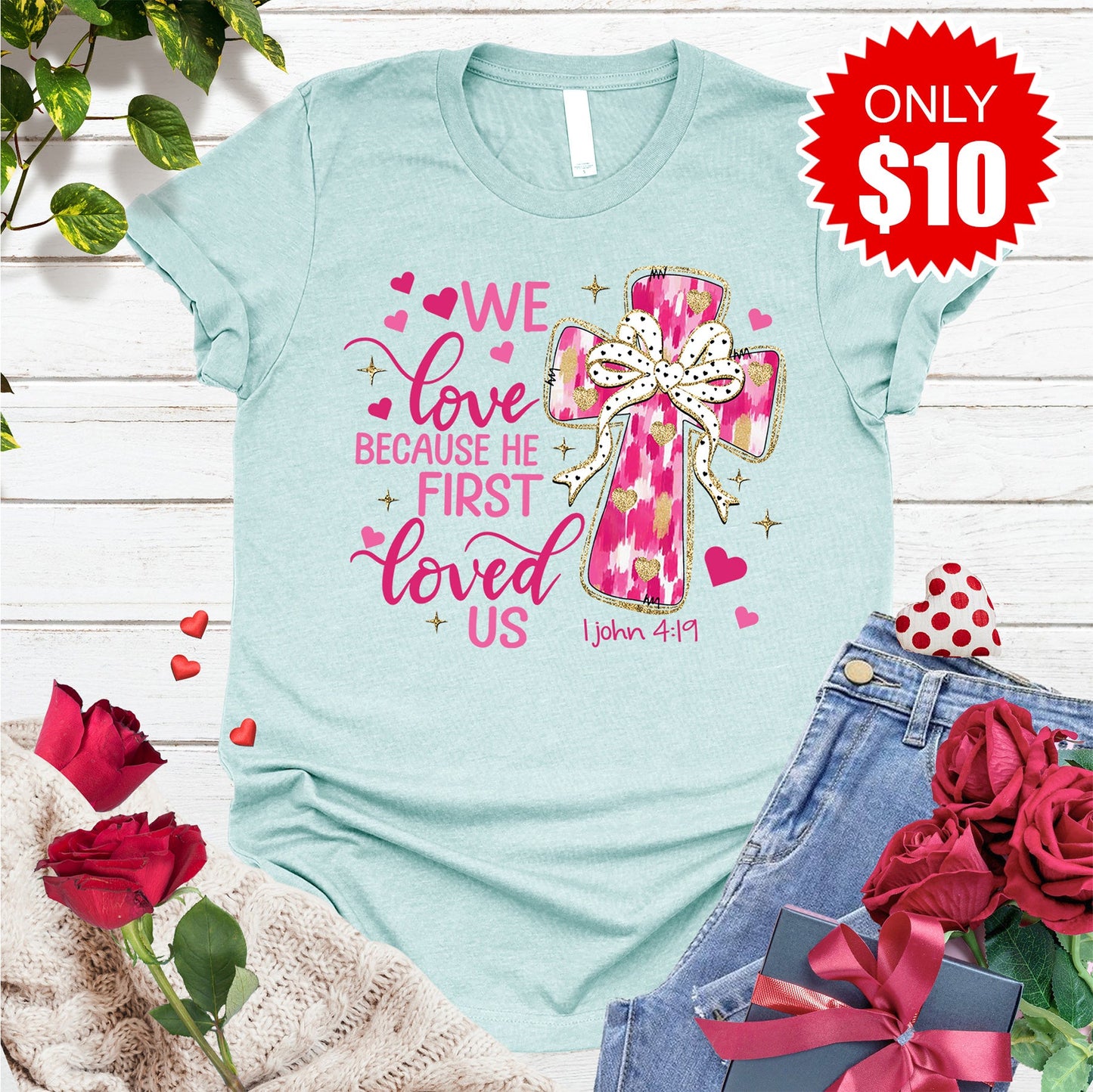 He First Loved Us Tee - Heather Dusty Blue - 10