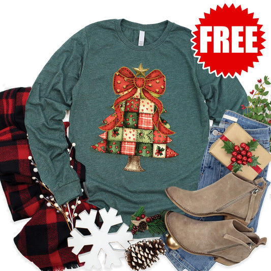 Christmas Tree Patchwork Long Sleeve - Heather Forest - 0