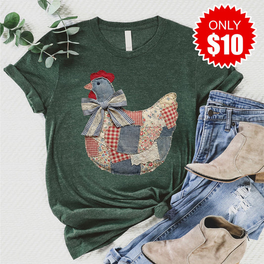 Hen Patchwork Tee - Heather Forest - 10