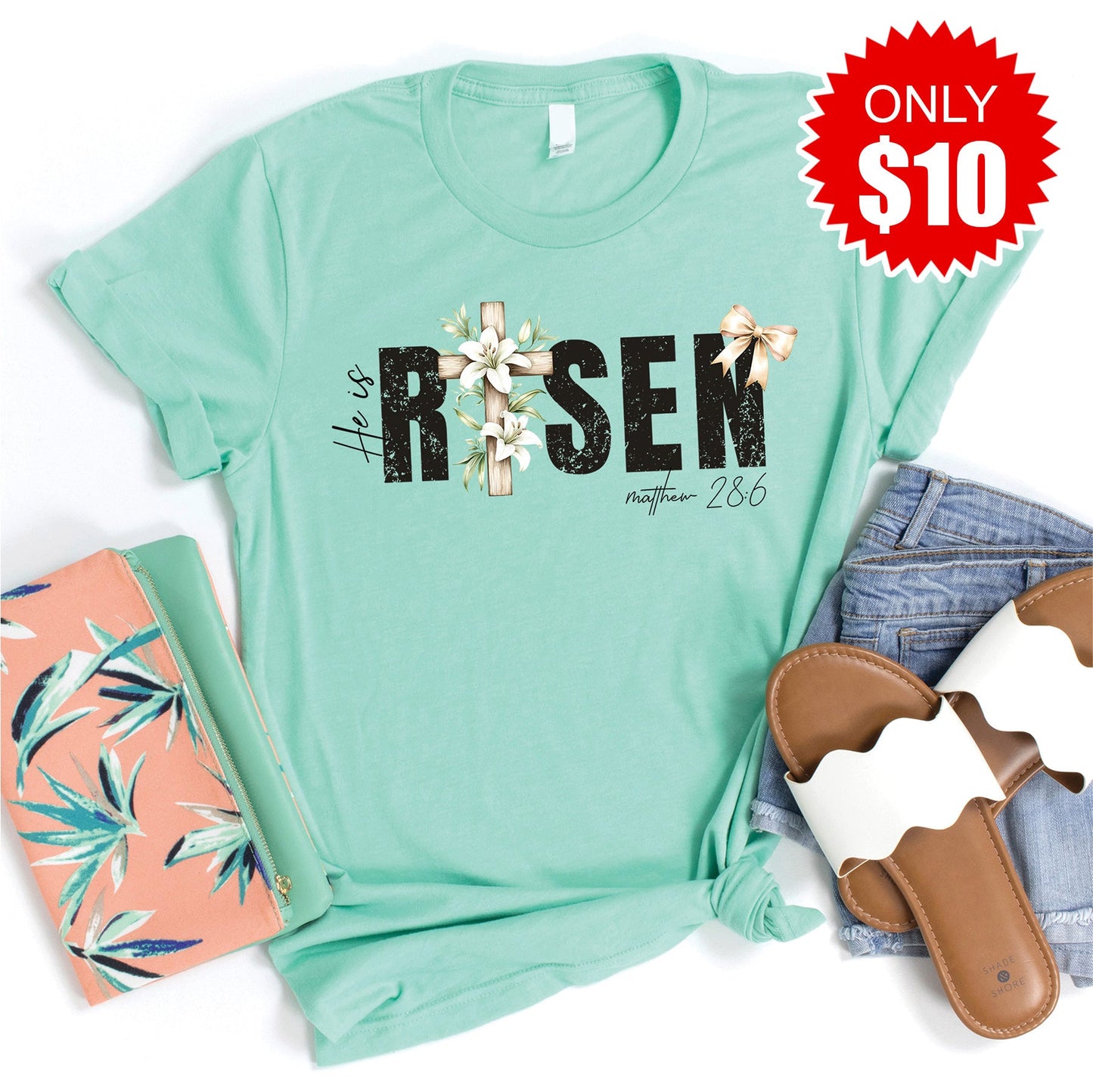 He Is Risen Tee - Heather Mint - 10