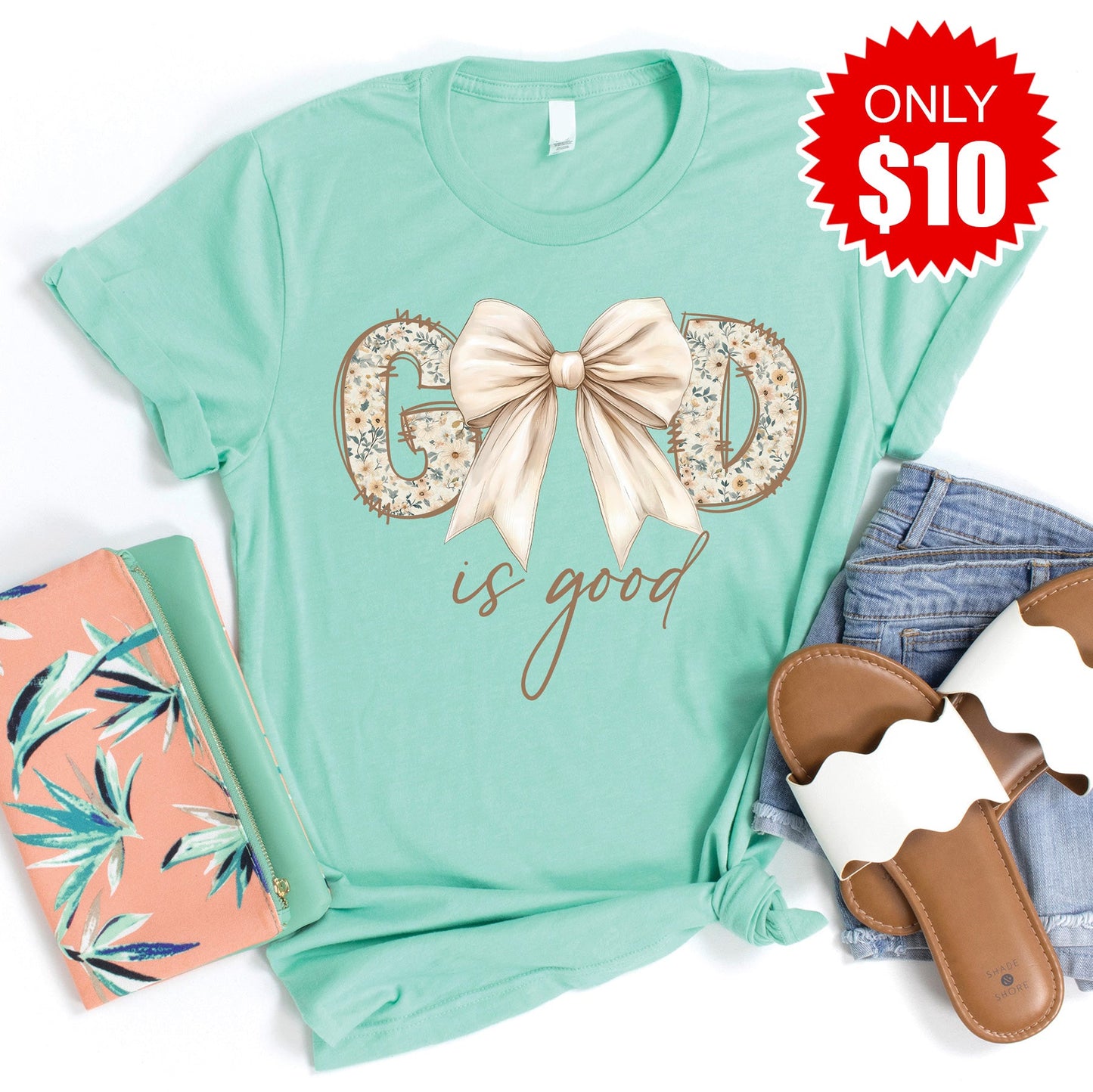 God Is Good Tee - Heather Mint - 10