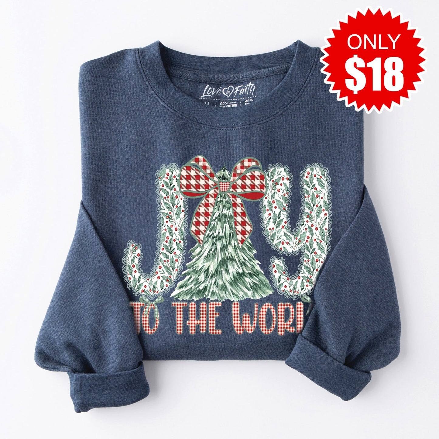 Joy to the World Christmas Tree Sweatshirt - Heather Navy - 18