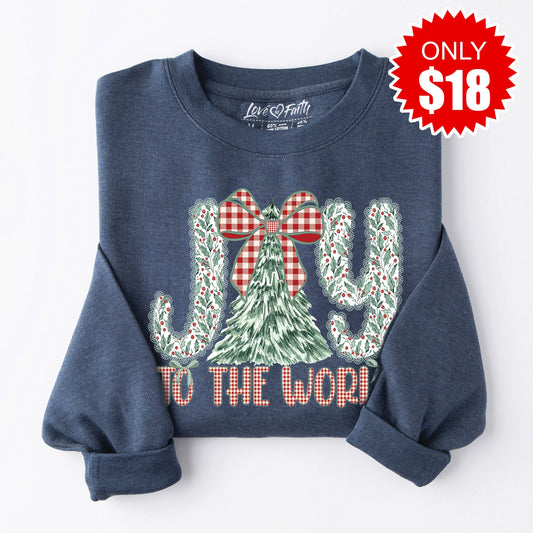 Joy to the World Christmas Tree Sweatshirt - Heather Navy - 18