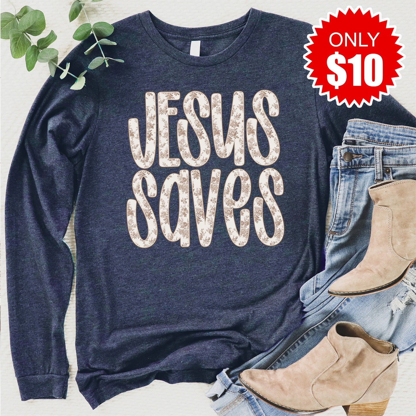 Jesus Saves Long Sleeve - Heather Navy - 10