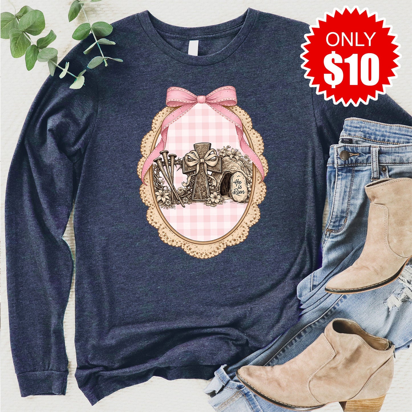 He Is Risen Long Sleeve - Heather Navy - 10