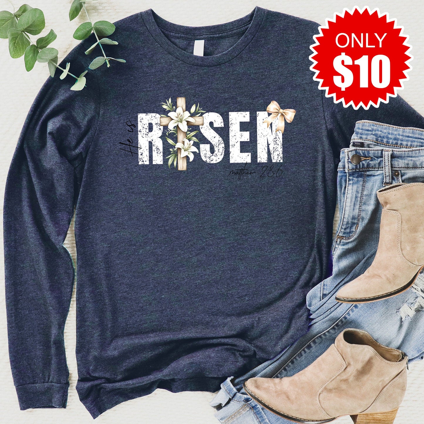 He Is Risen Long Sleeve - Heather Navy - 10