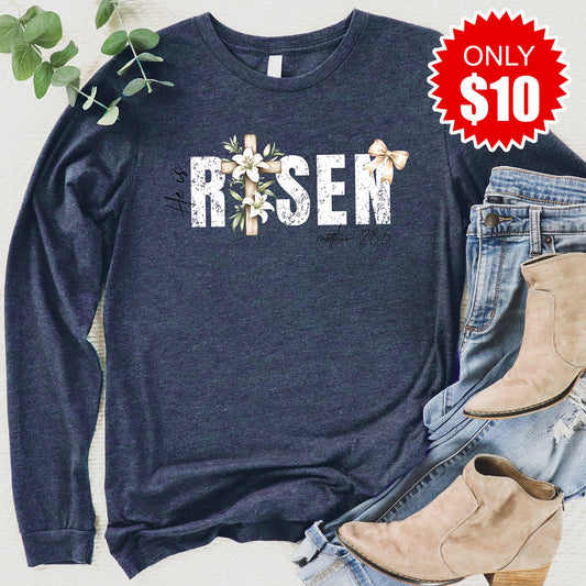 He Is Risen Long Sleeve - Heather Navy - 10