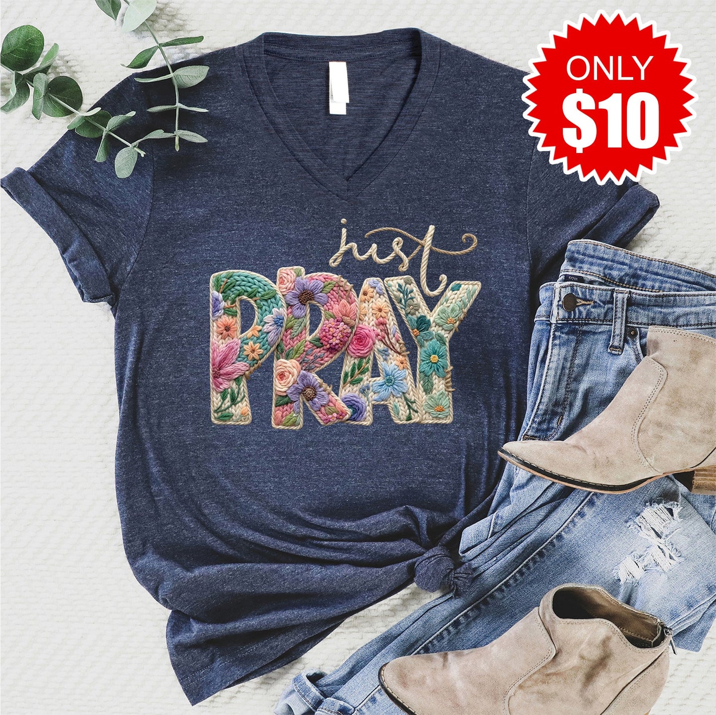 Just Pray Crochet V-Neck - Heather Navy - 10