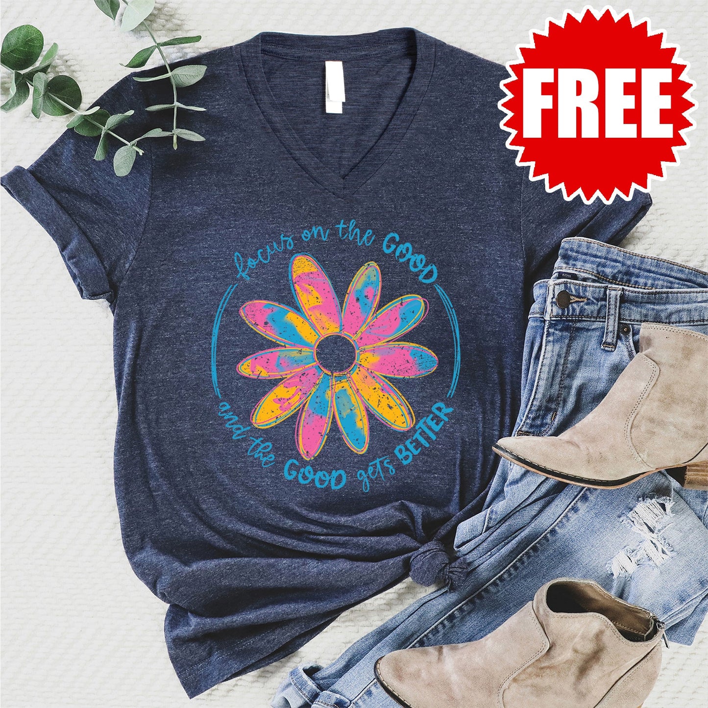 Focus on the Good V-Neck - Heather Navy - 0