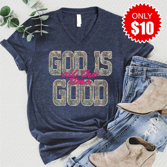 God Is Good V-Neck - Heather Navy - 10