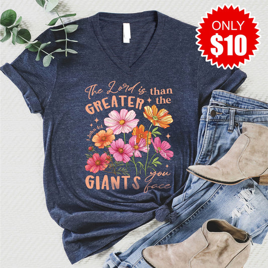 Greater Than The Giants V-Neck - Heather Navy - 10