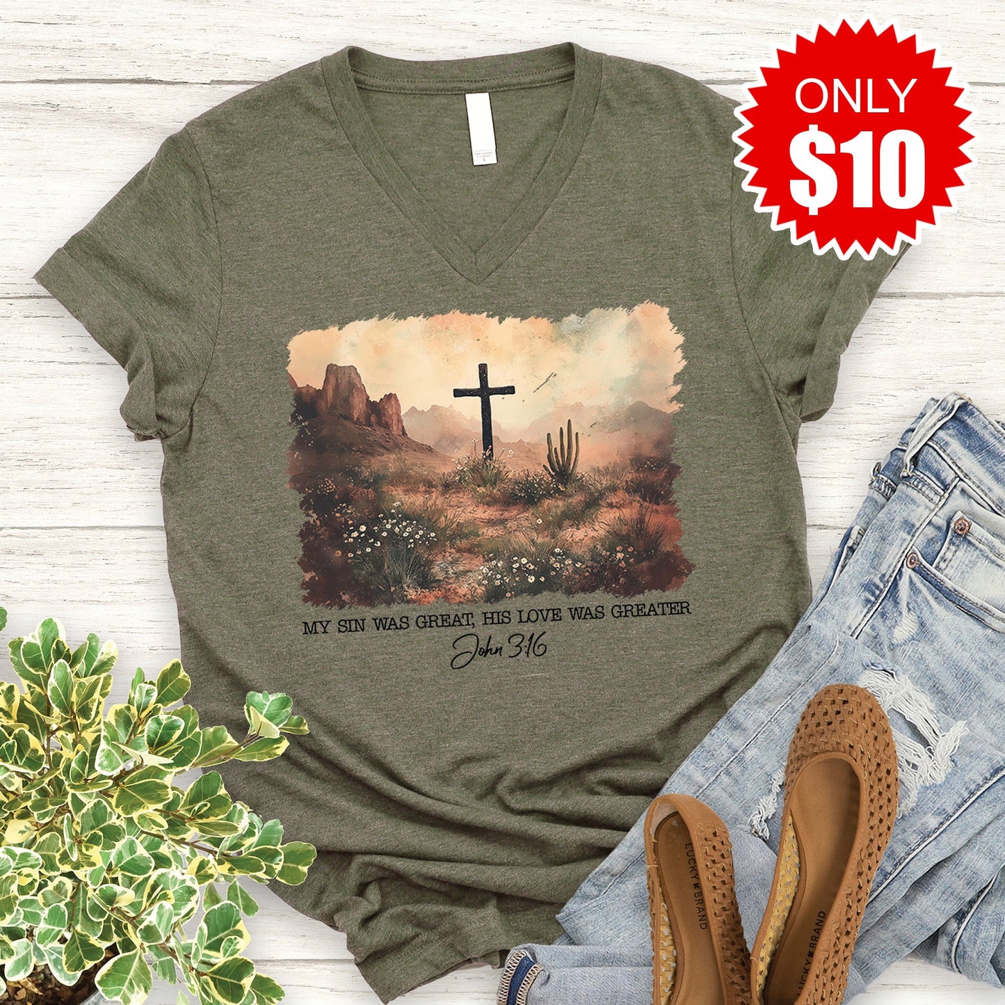 John 3:16 V-Neck - Heather Olive - 10