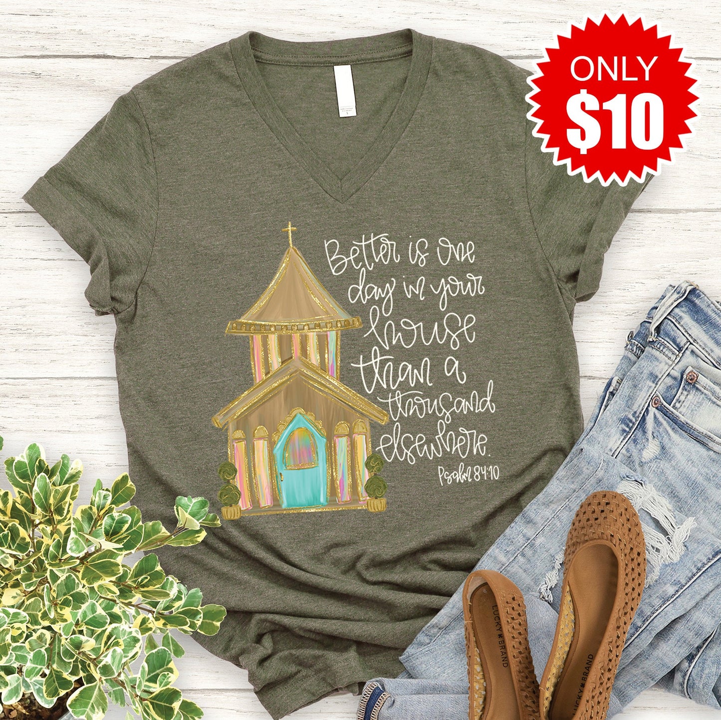 Church V-Neck - Heather Olive - 10