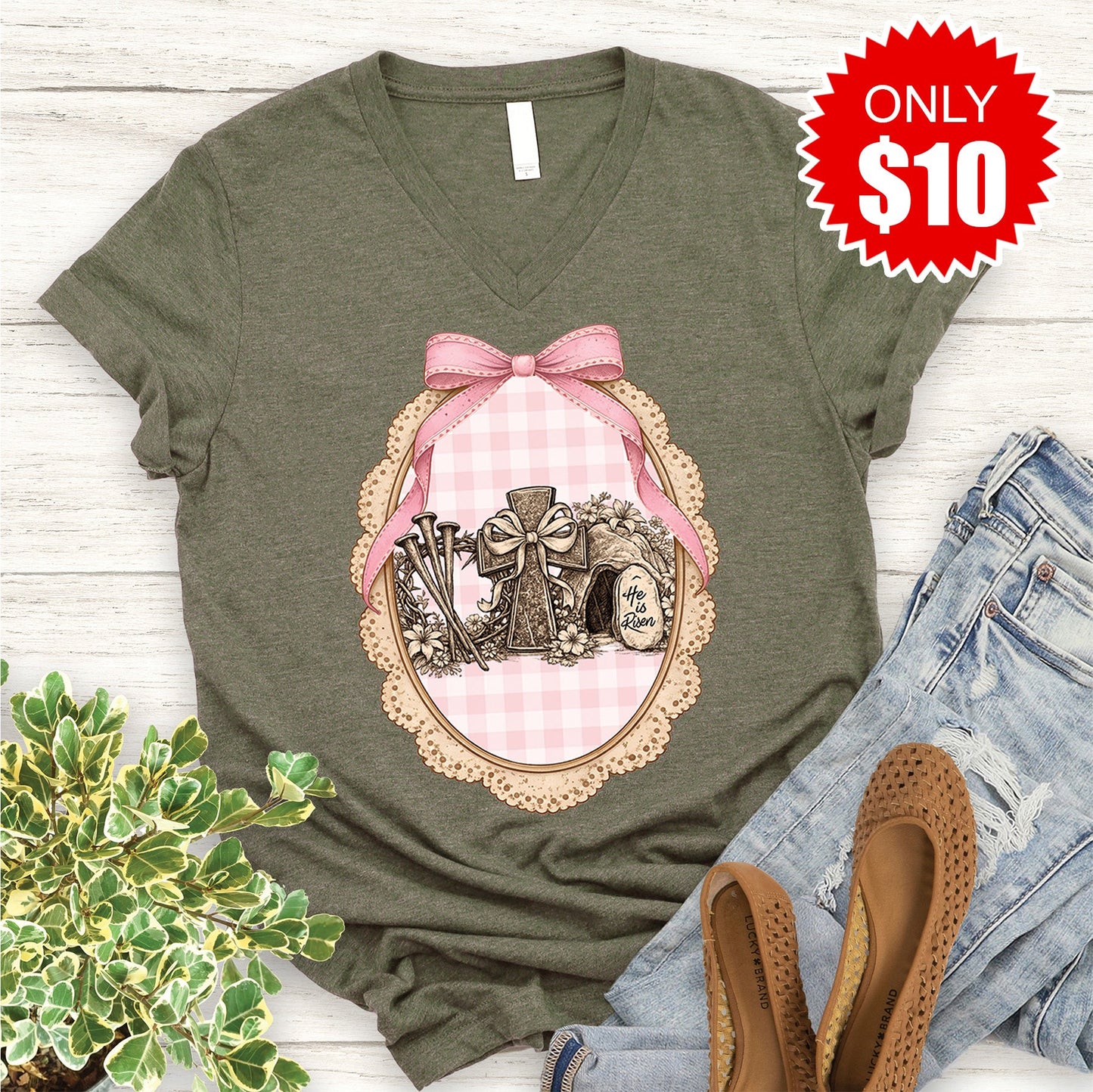 He Is Risen V-Neck - Heather Olive - 10