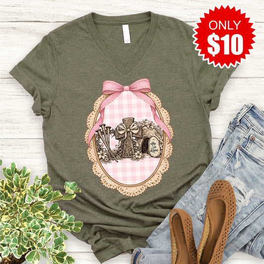 He Is Risen V-Neck - Heather Olive - 10