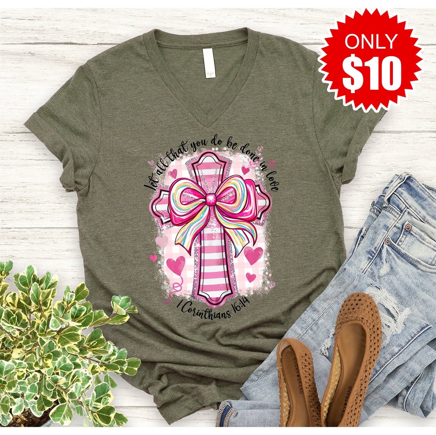 Corinthians 16:14 V-Neck - Heather Olive - 10