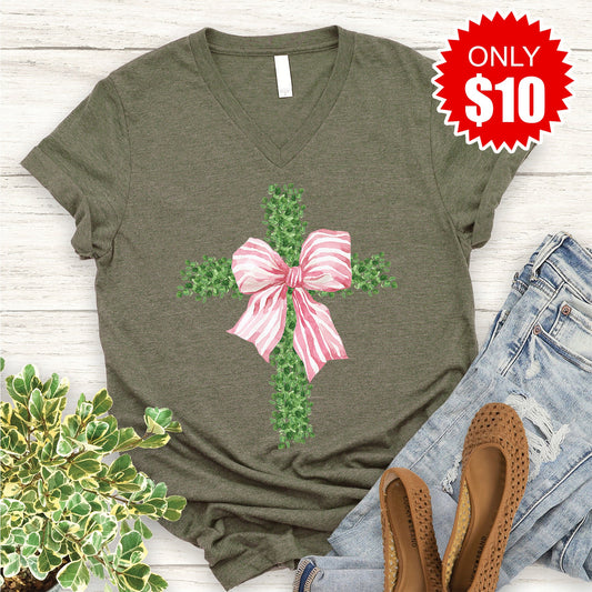 Cross V-Neck - Heather Olive - 10