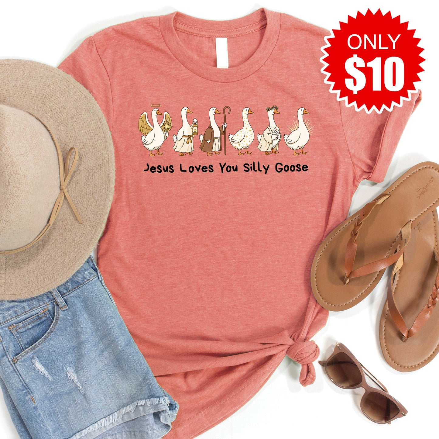 Jesus Loves You Silly Goose Tee - Heather Papaya - 10