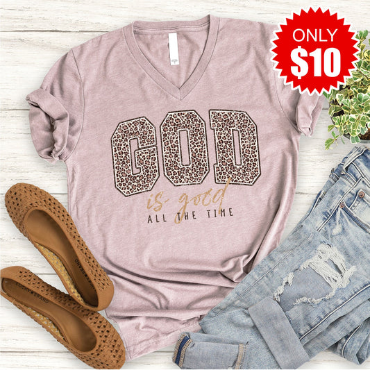 God Is Good V-Neck - Heather Pink Gravel - 10