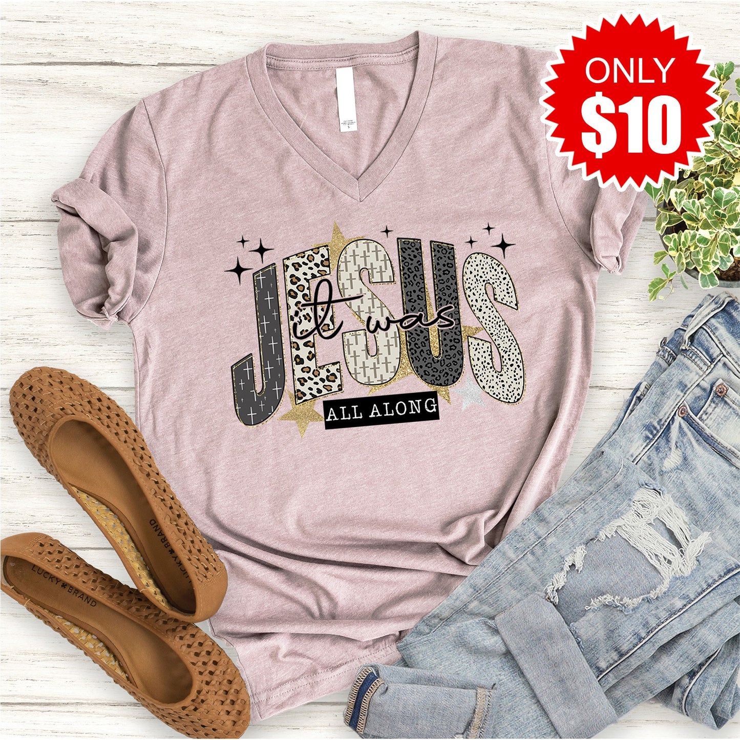 Jesus V-Neck - Heather Pink Gravel - 10