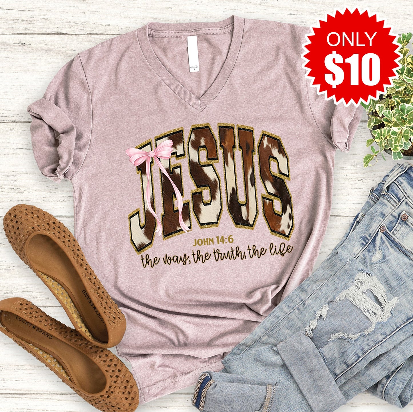 Jesus V-Neck - Heather Pink Gravel - 10