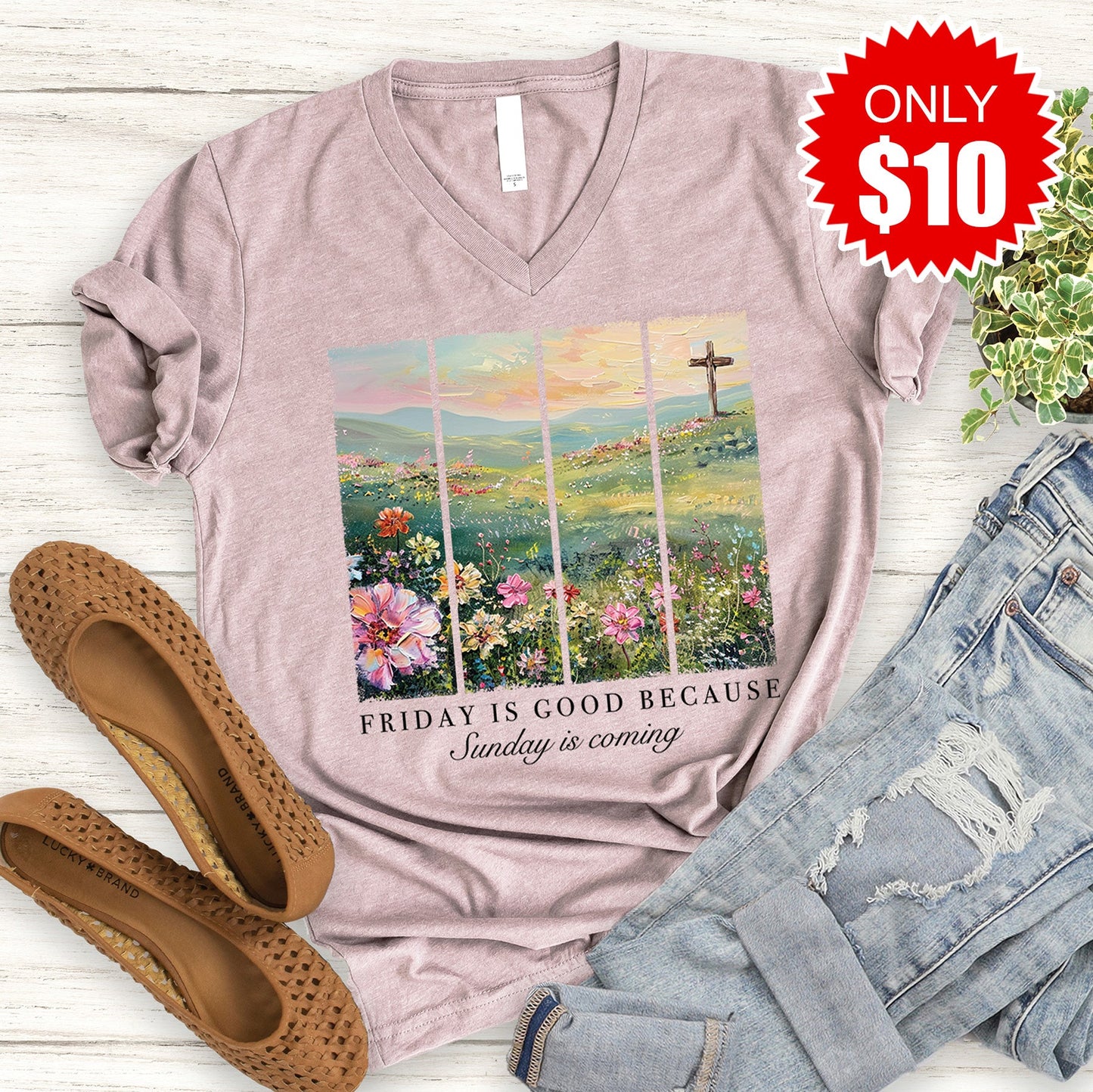Friday Is Good V-Neck - Heather Pink Gravel - 10