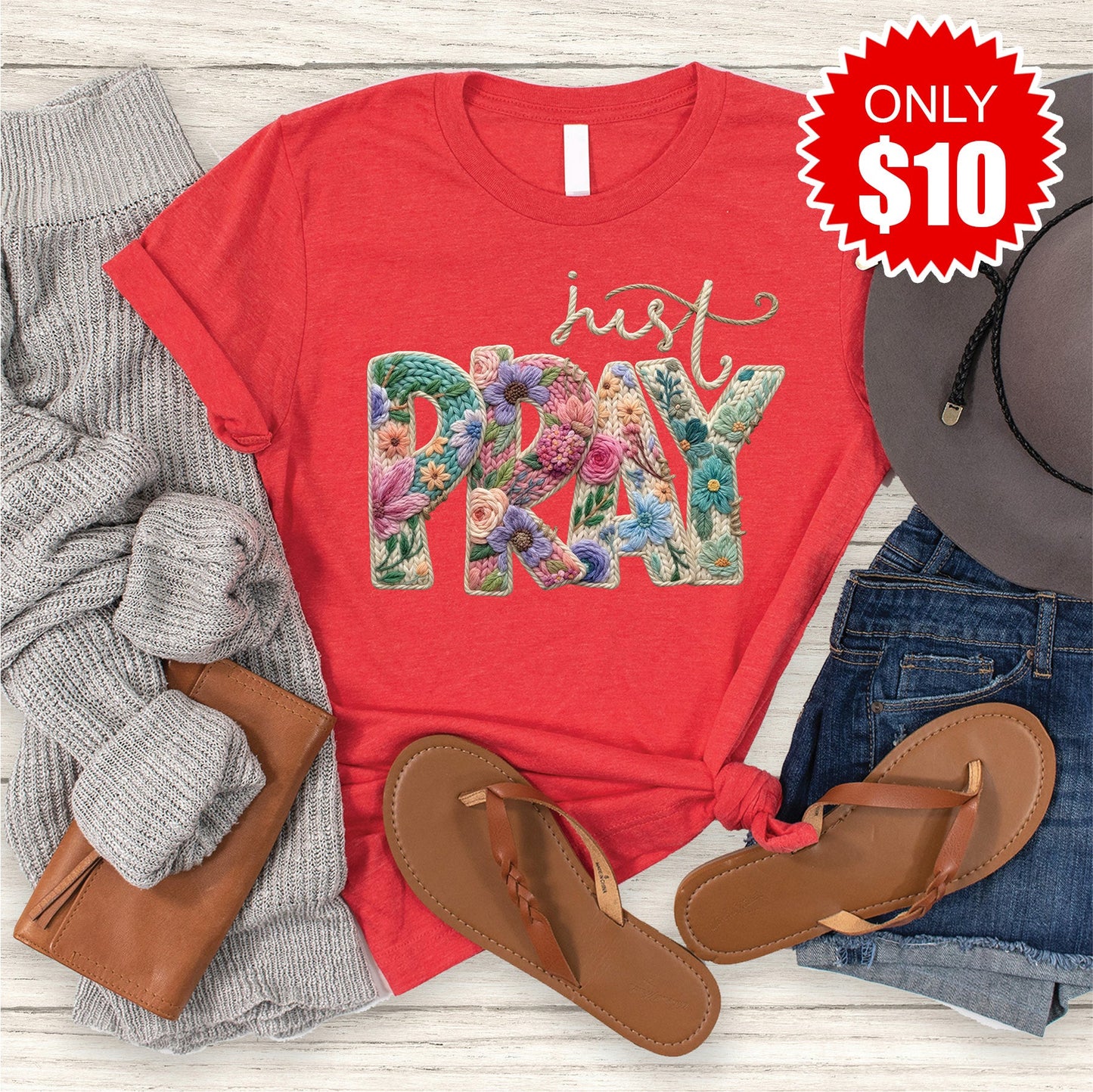 Just Pray Crochet Tee - Heather Red - 10