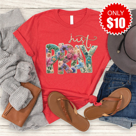 Just Pray Crochet Tee - Heather Red - 10
