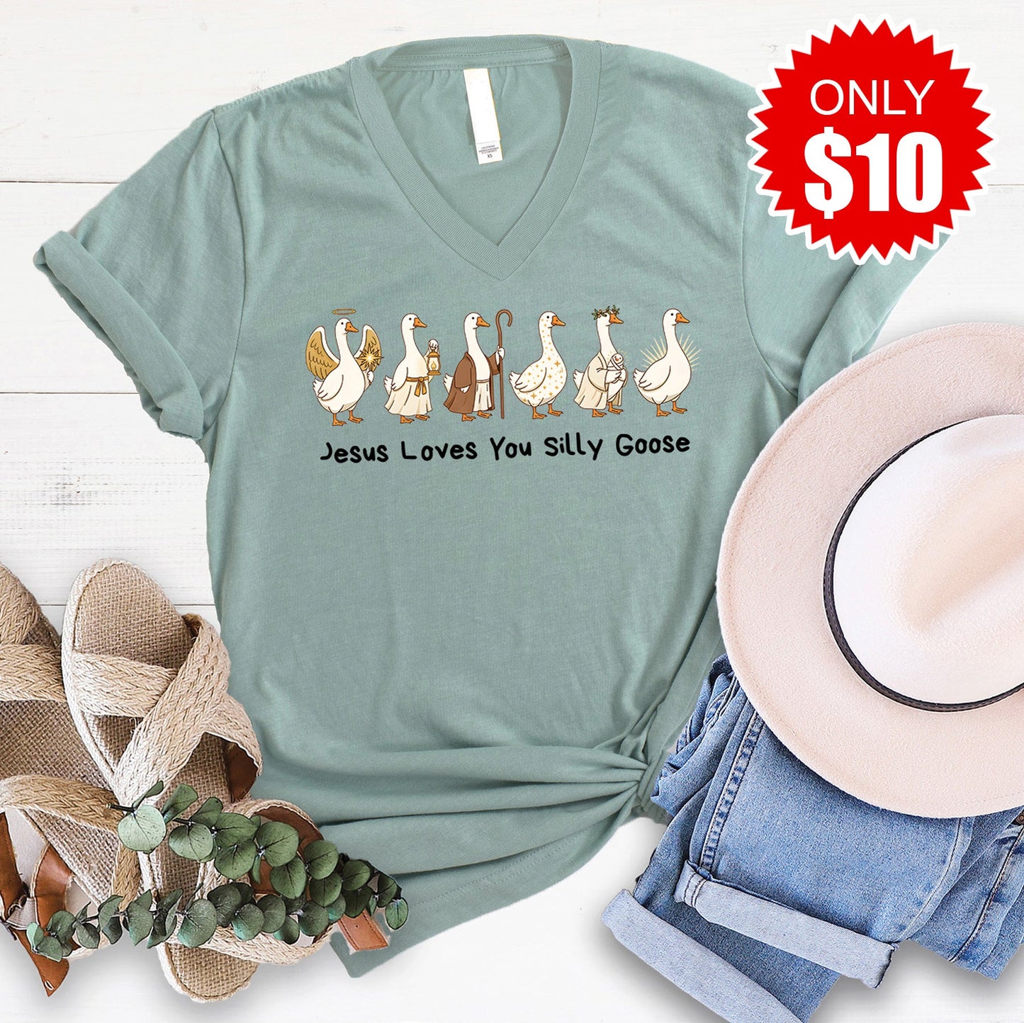 Jesus Loves You Silly Goose V-Neck - Heather Sage - 10
