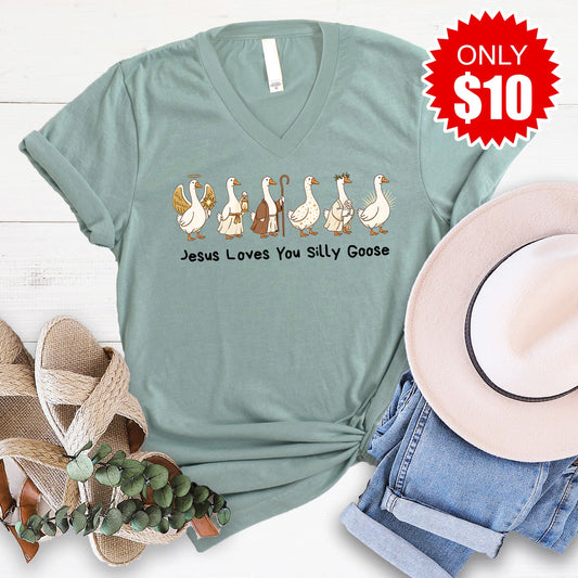 Jesus Loves You Silly Goose V-Neck - Heather Sage - 10