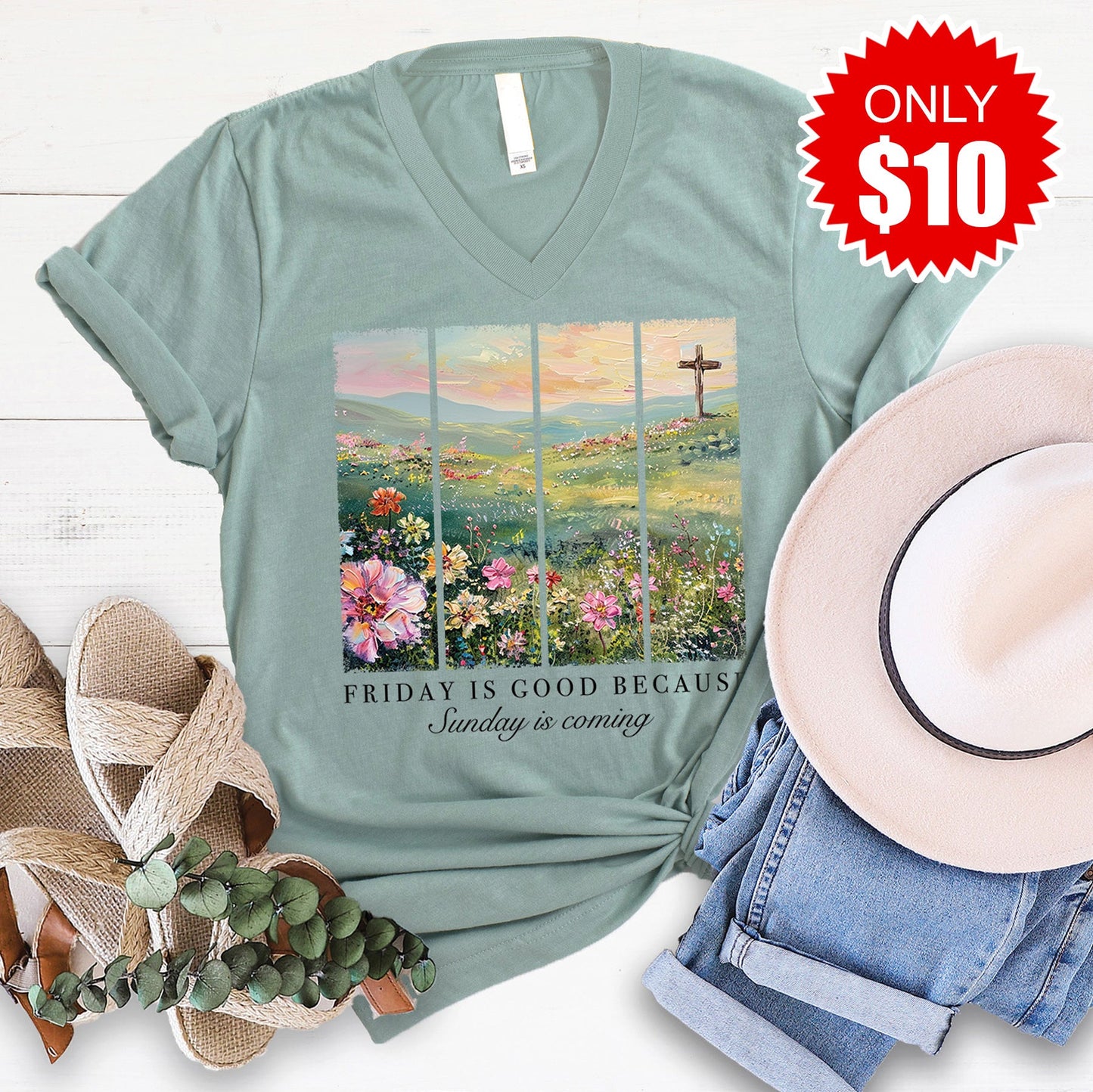 Friday Is Good V-Neck - Heather Sage - 10