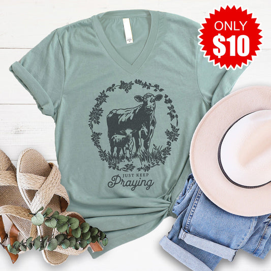 Just Keep Praying V-Neck - Heather Sage - 10