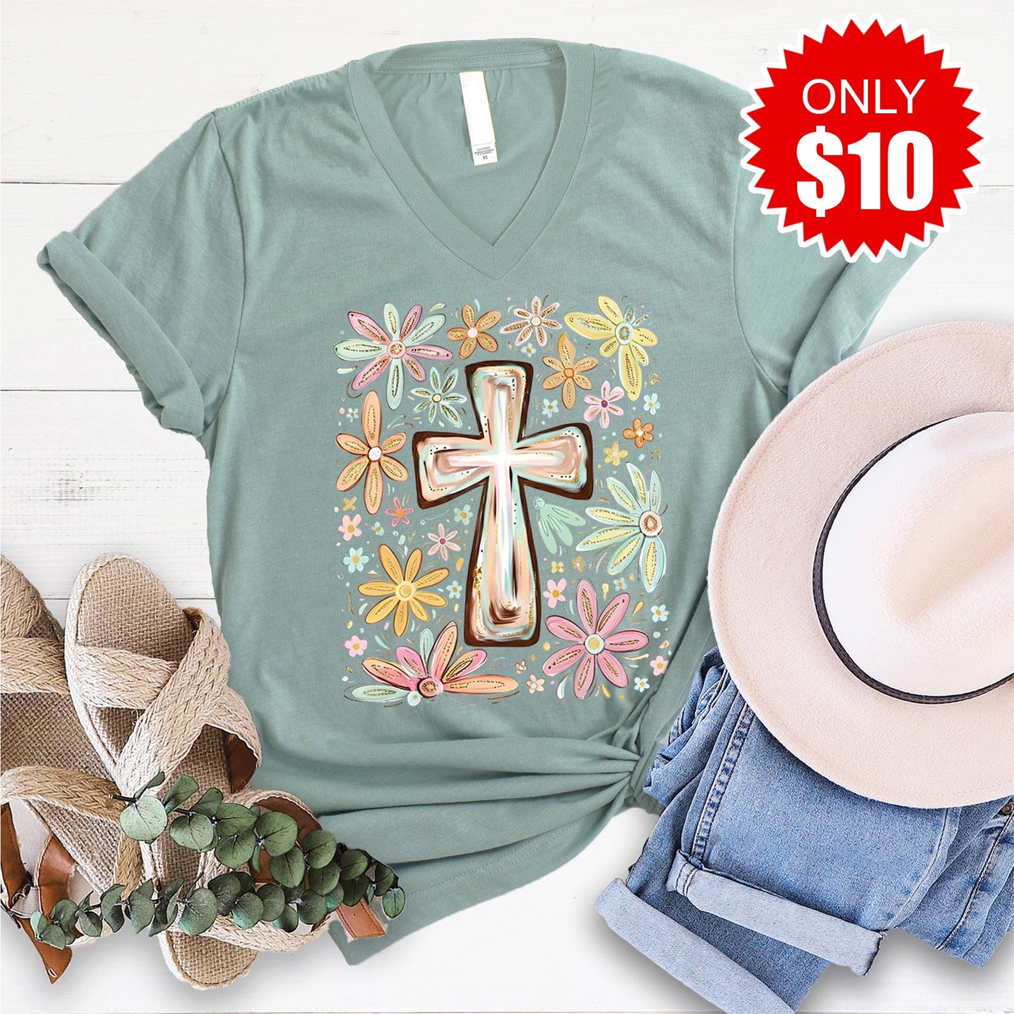 Cross V-Neck - Heather Sage - 10