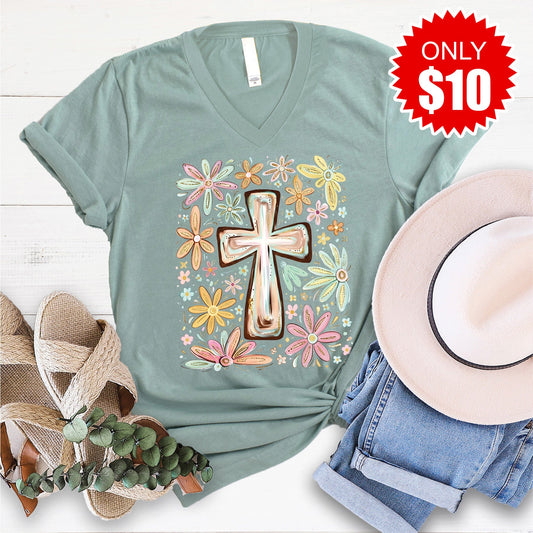 Cross V-Neck - Heather Sage - 10