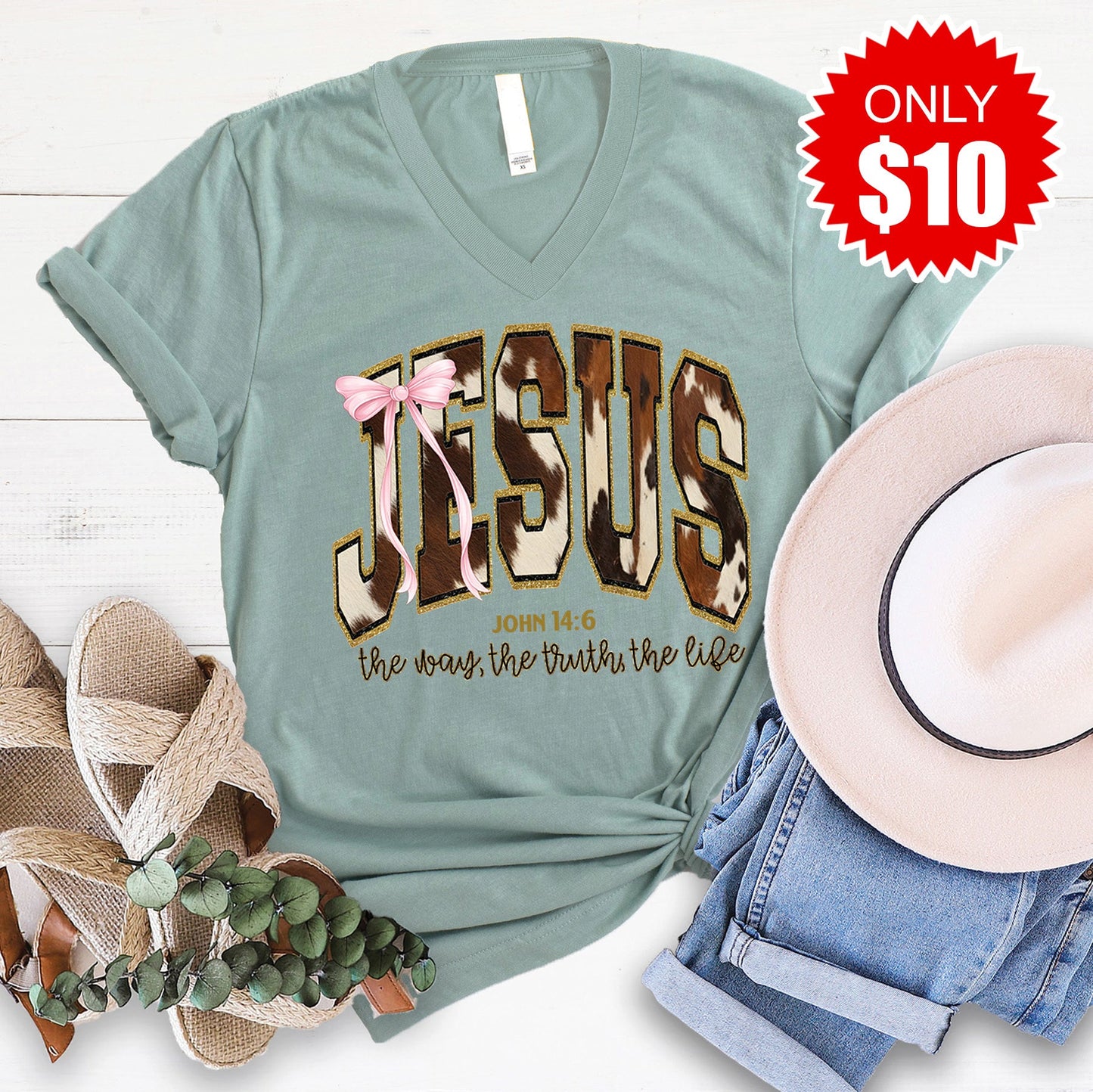 Jesus V-Neck - Heather Sage - 10