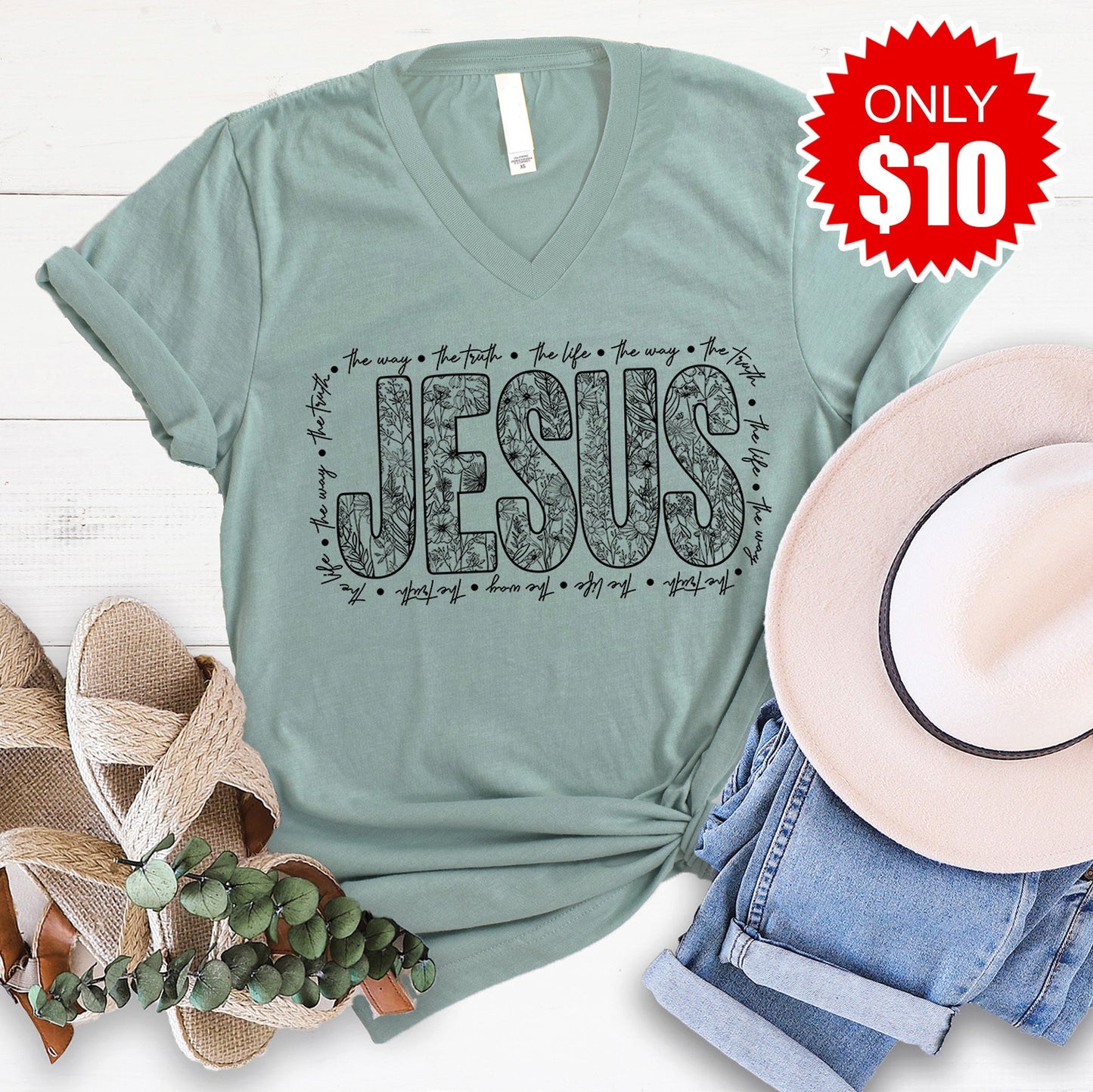 Jesus V-Neck - Heather Sage - 10