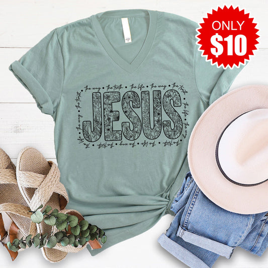 Jesus V-Neck - Heather Sage - 10