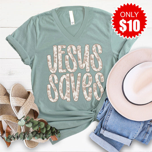 Jesus Saves V-Neck - Heather Sage - 10